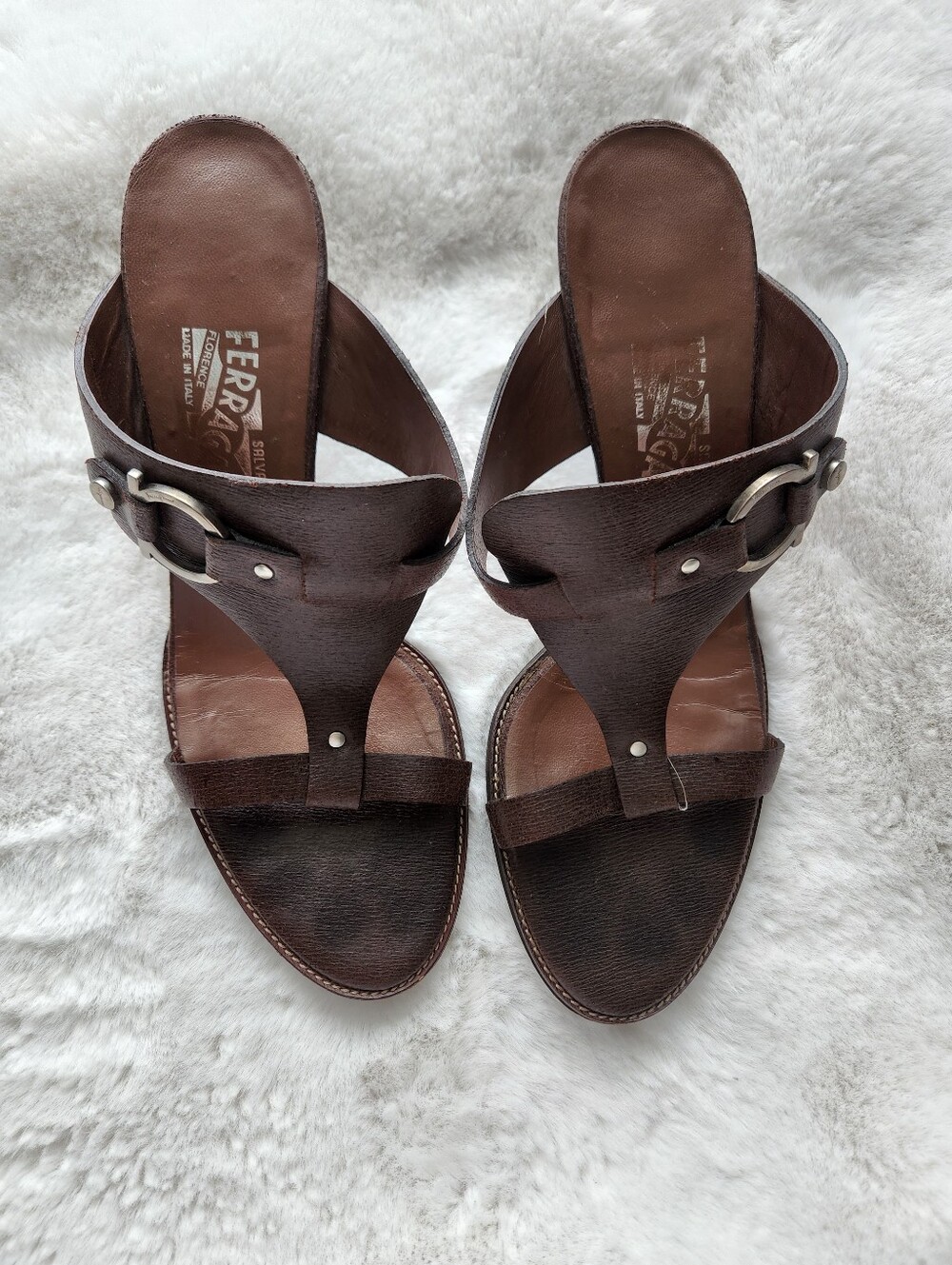 Salvatore Ferragamo Brown Leather Slide Sandals